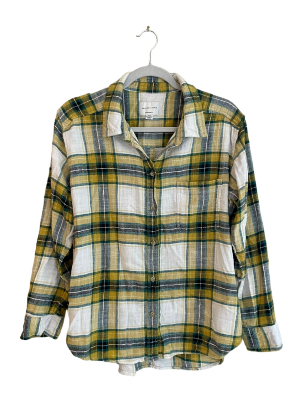 American Eagle Boyfriend Fit Plaid Button Down Shirt Womens M Mustard Green
